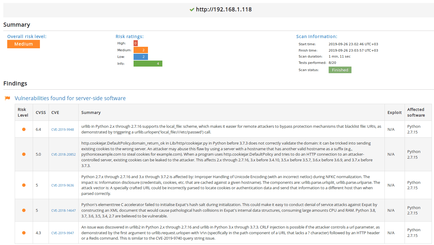 website scanner tool findings